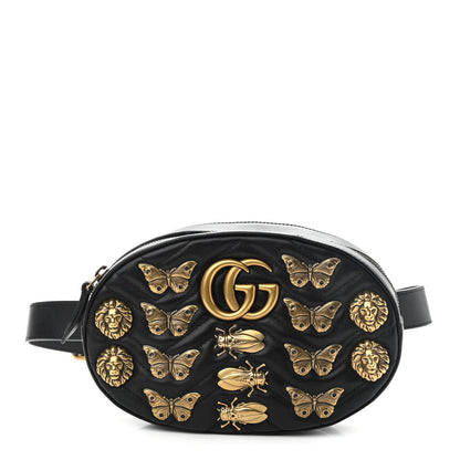 Gucci Calfskin Matelasse Animal Studs GG Marmont Belt Bag 85 34 Black 1 of 10