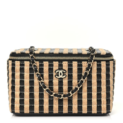 Chanel Raffia Jute Striped Small Vanity Case With Chain Black Beige 1 of 11