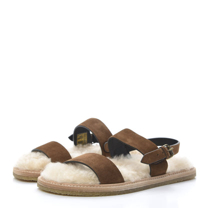 Saint Laurent Suede Shearling Joan Noe Flat Sandals 38 Brown 3 of 8