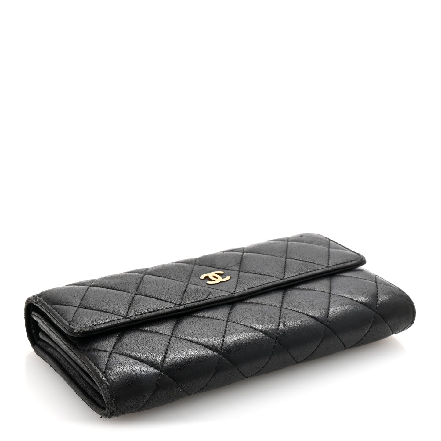 Lambskin Quilted Large Gusset Flap Wallet Black