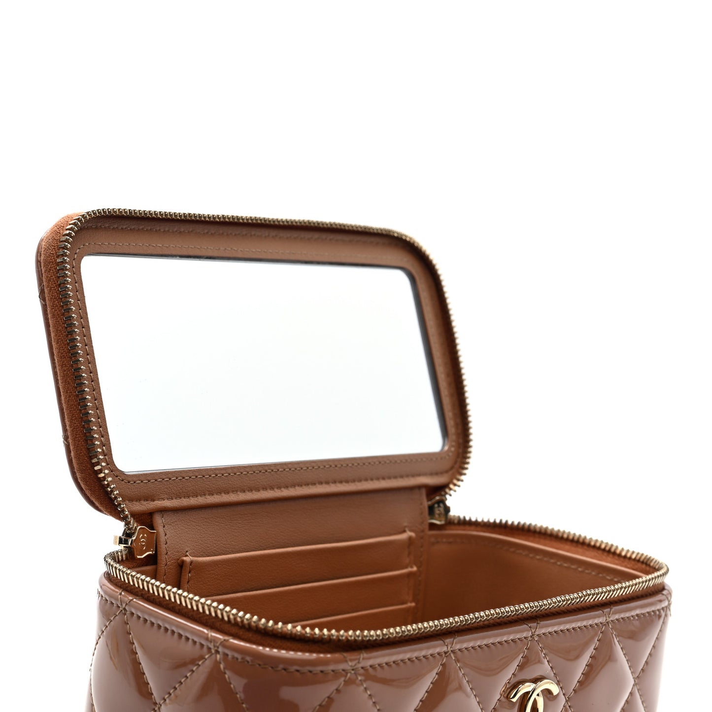 Patent Quilted Quilted Small Top Handle Vanity Case With Chain Dark Beige