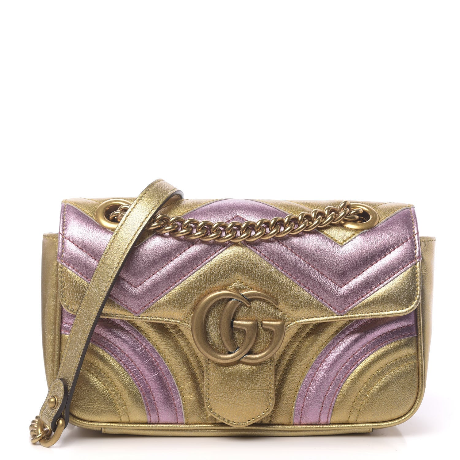 Gucci Metallic Calfskin Matelasse Mini GG Marmont Shoulder Bag Gold Pink 1 of 11
