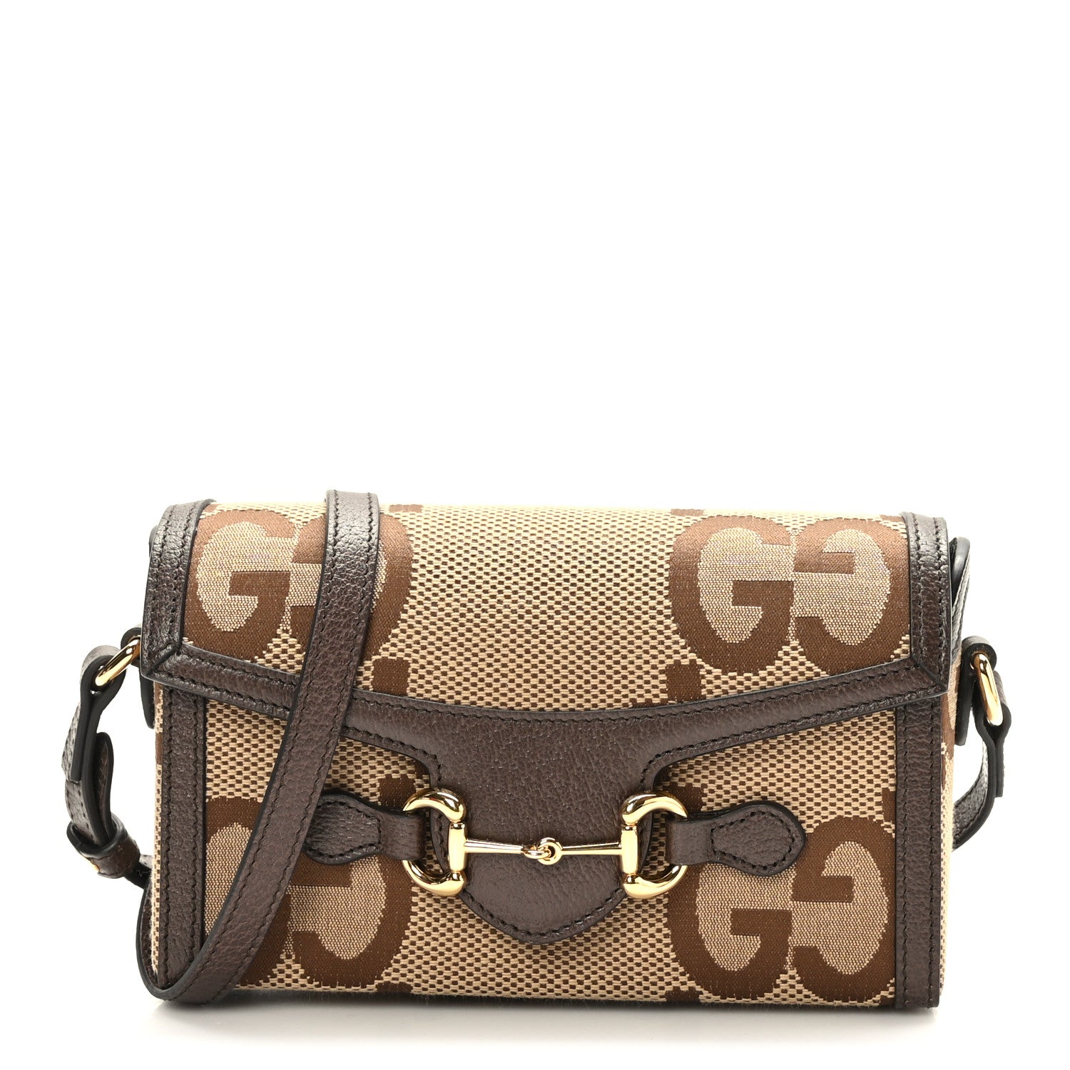Gucci Monogram Jumbo GG Textured Dollar Calfskin Mini Horsebit 1955 Shoulder Bag Camel Ebony New Acero 1 of 9