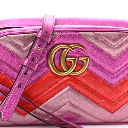 Gucci Laminated Nappa Matelasse Small GG Marmont Chain Shoulder Bag Fuxia Rosso Rosa 8 of 11
