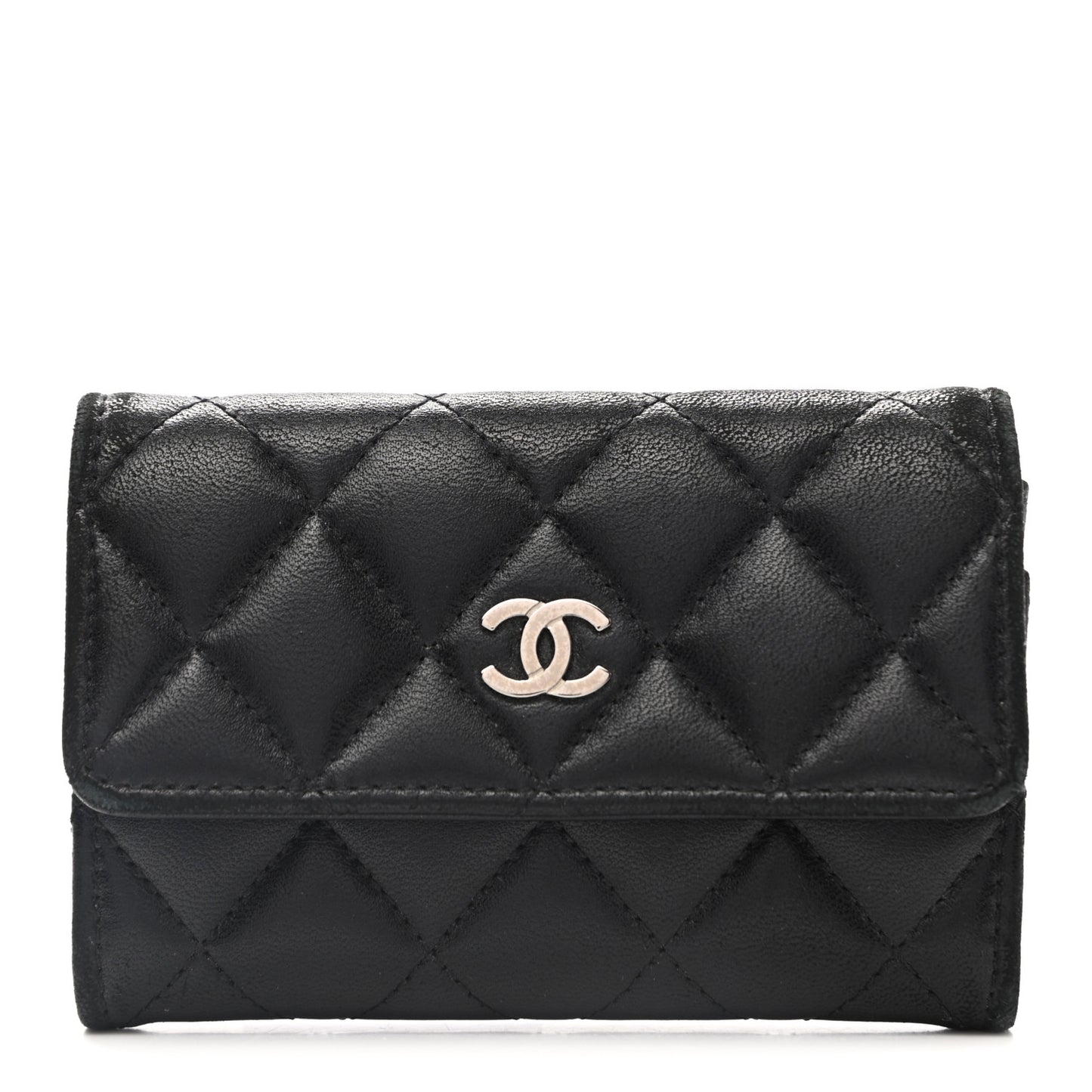 Lambskin Quilted Flap Card Holder Wallet Black