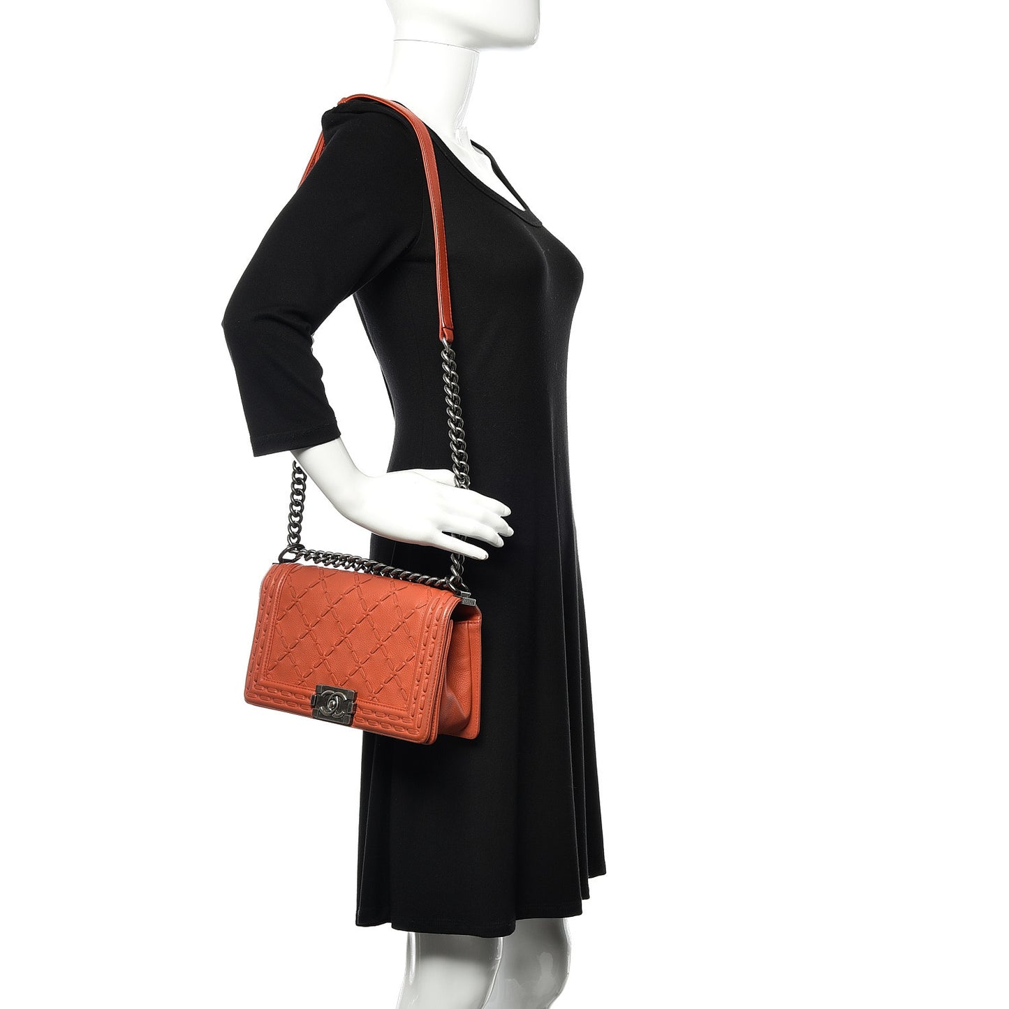 Caviar Stitched Medium Boy Flap Dark Orange