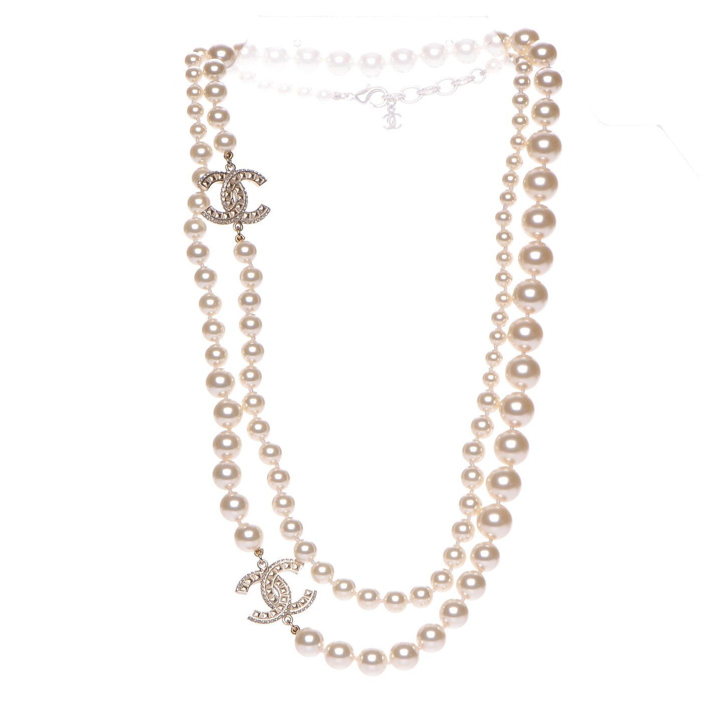 Graduated Pearl Crystal CC Long Necklace Light Gold