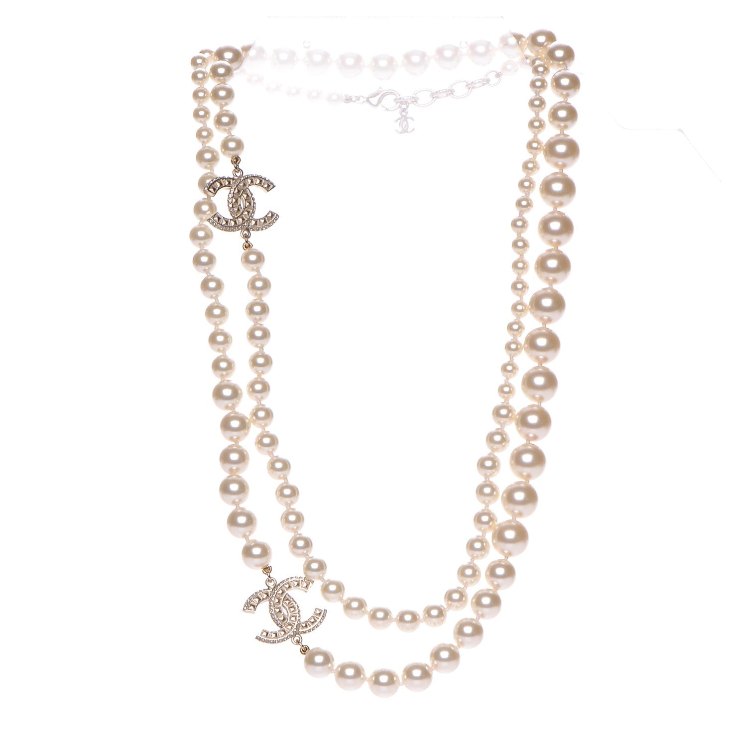 Chanel Graduated Pearl Crystal CC Long Necklace Light Gold 3 of 6