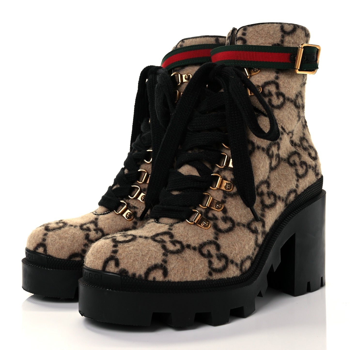 Covered Wool GG Monogram Womens Lace Up Combat Ankle Boots 39.5 Beige Ebony Black