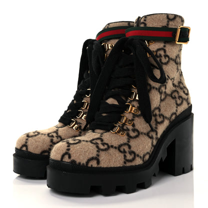 Gucci Covered Wool GG Monogram Womens Lace Up Combat Ankle Boots 39.5 Beige Ebony Black 3 of 7