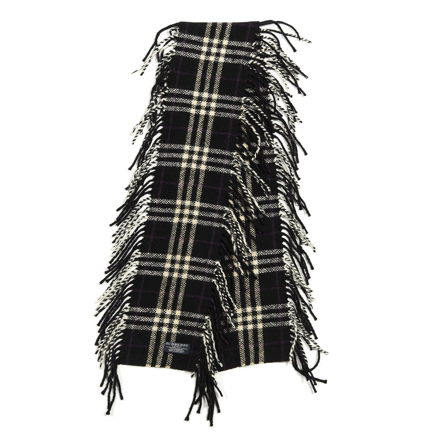 Merino Wool Angora Cashmere Check Happy Fringe Scarf Black