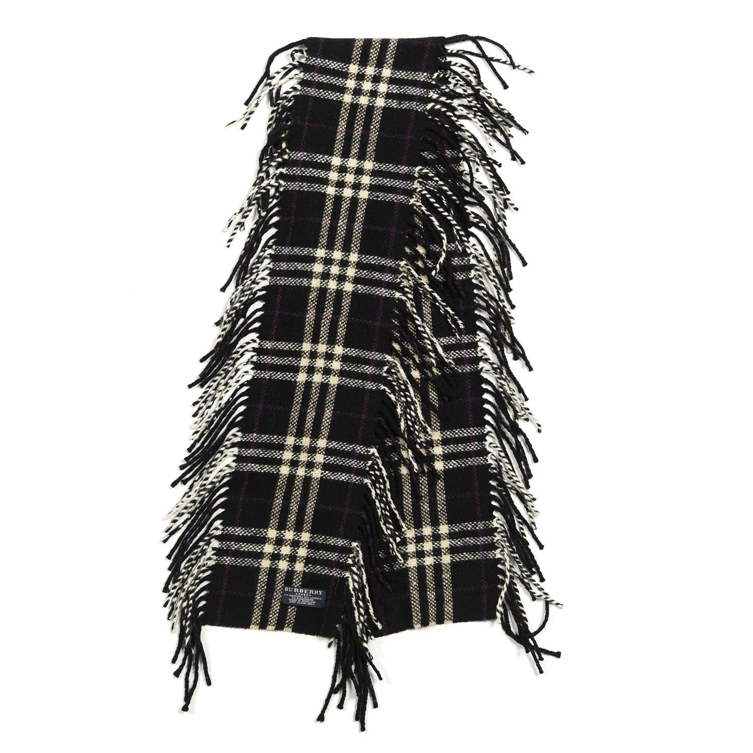 Burberry Merino Wool Angora Cashmere Check Happy Fringe Scarf Black 2 of 3