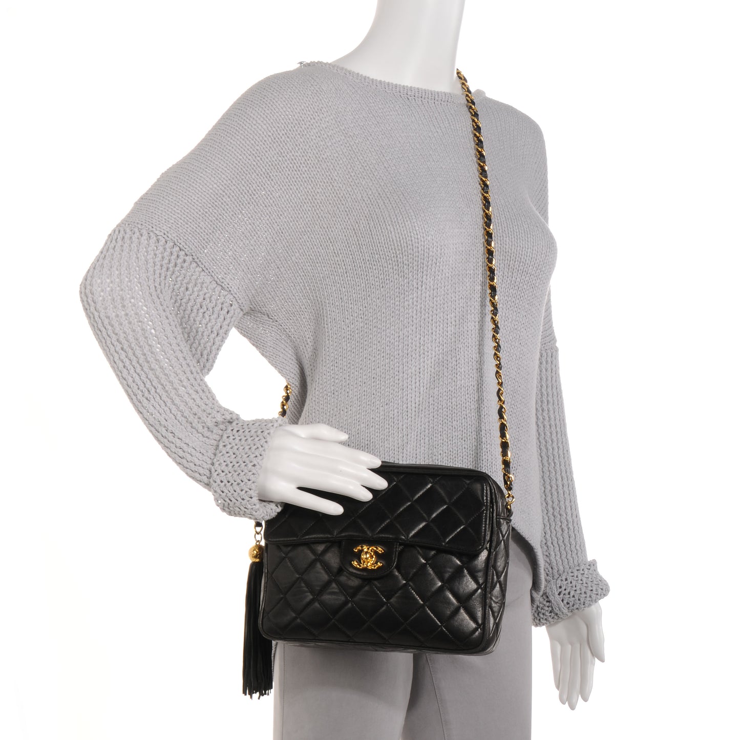 Lambskin Quilted Flap Camera Tassel Case Black