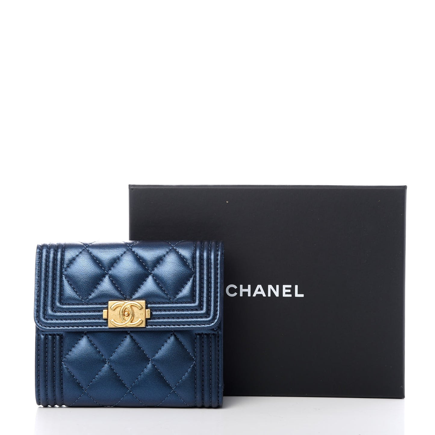 Metallic Lambskin Quilted Compact Boy Wallet Blue