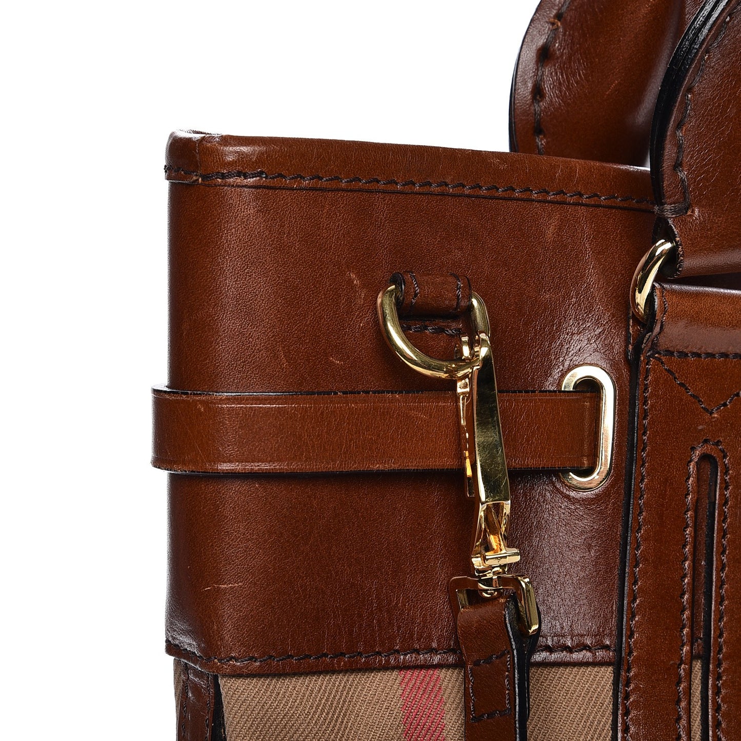 House Check Bridle Calfskin Medium Whipstitch Tote Dark Tan