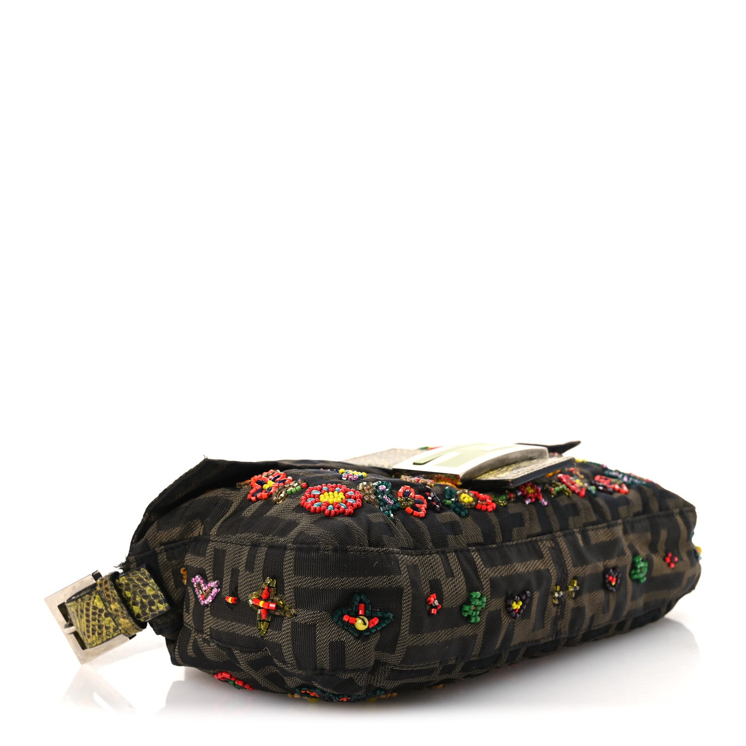 Fendi Zucca Lizard Embroidered Baguette Tobacco Green Multicolor
