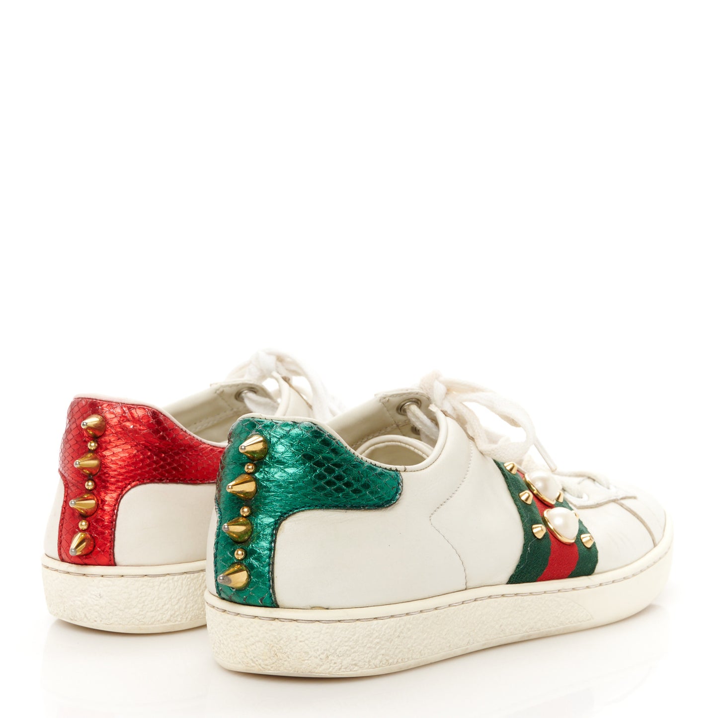 Calfskin Web Pearl Studded Womens Ace Sneakers 35 White
