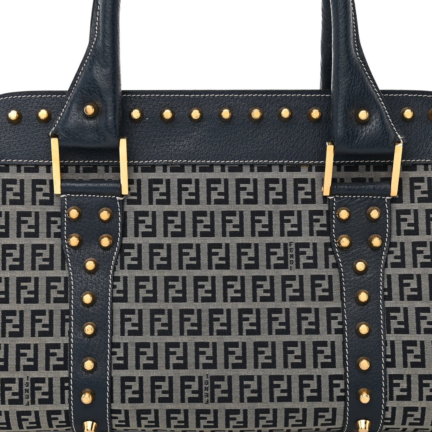 Fendi Zucchino Calfskin Studded Top Handle Satchel Tobacco Blue 7 of 15