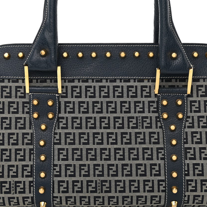 Fendi Zucchino Calfskin Studded Top Handle Satchel Tobacco Blue 7 of 15