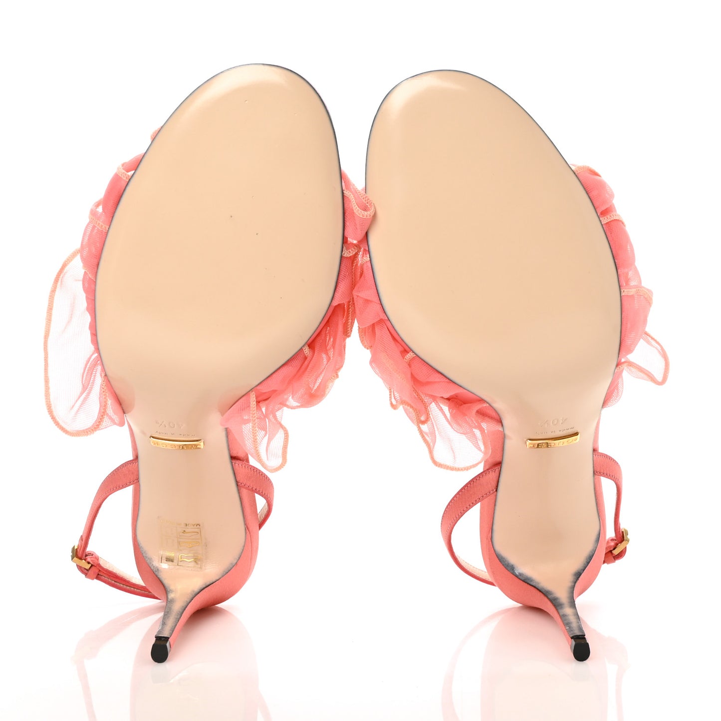 Tulle Ruffle Mid Heel Slingback Sandals 40.5 Peach White