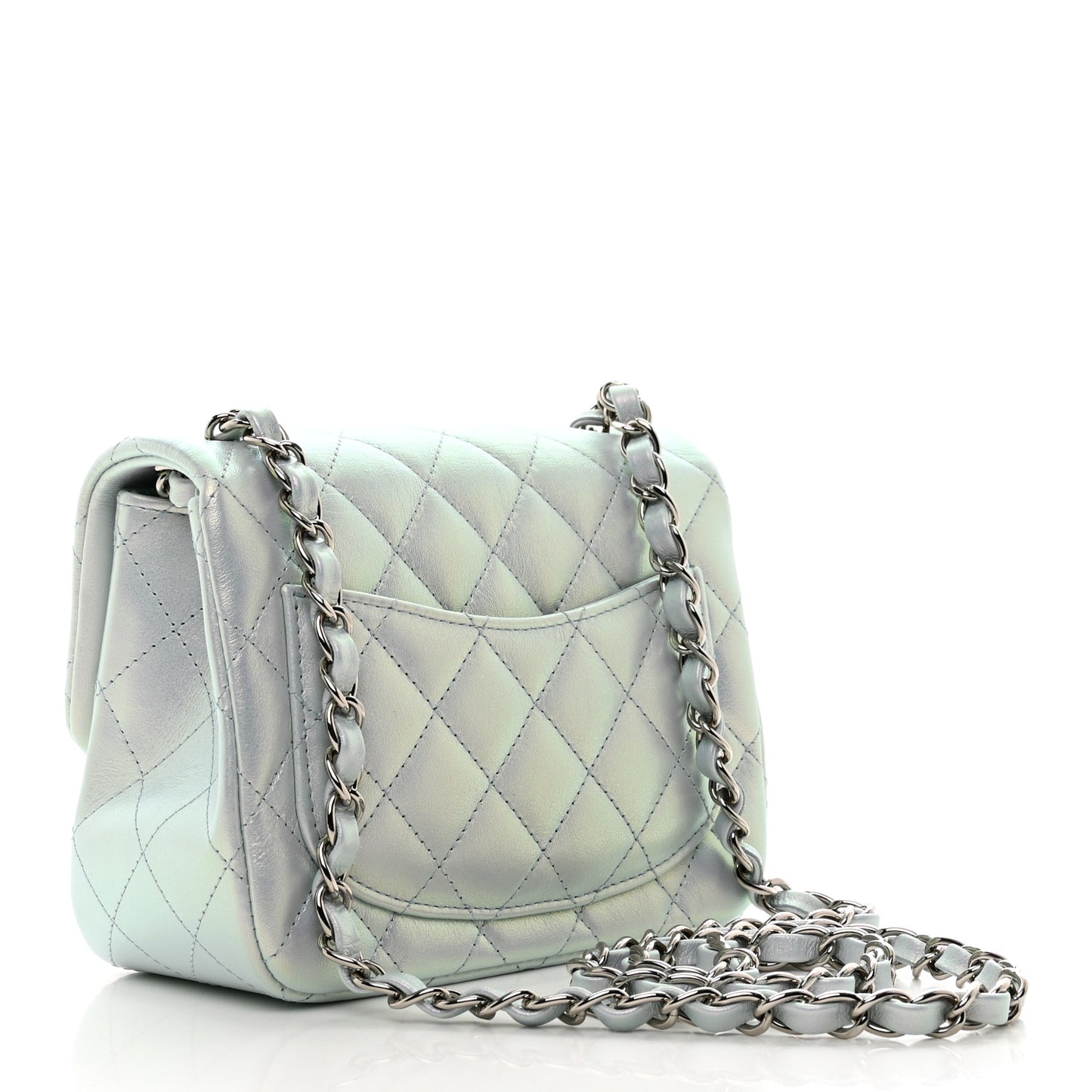 Iridescent Lambskin Quilted Mini Square Flap Light Blue