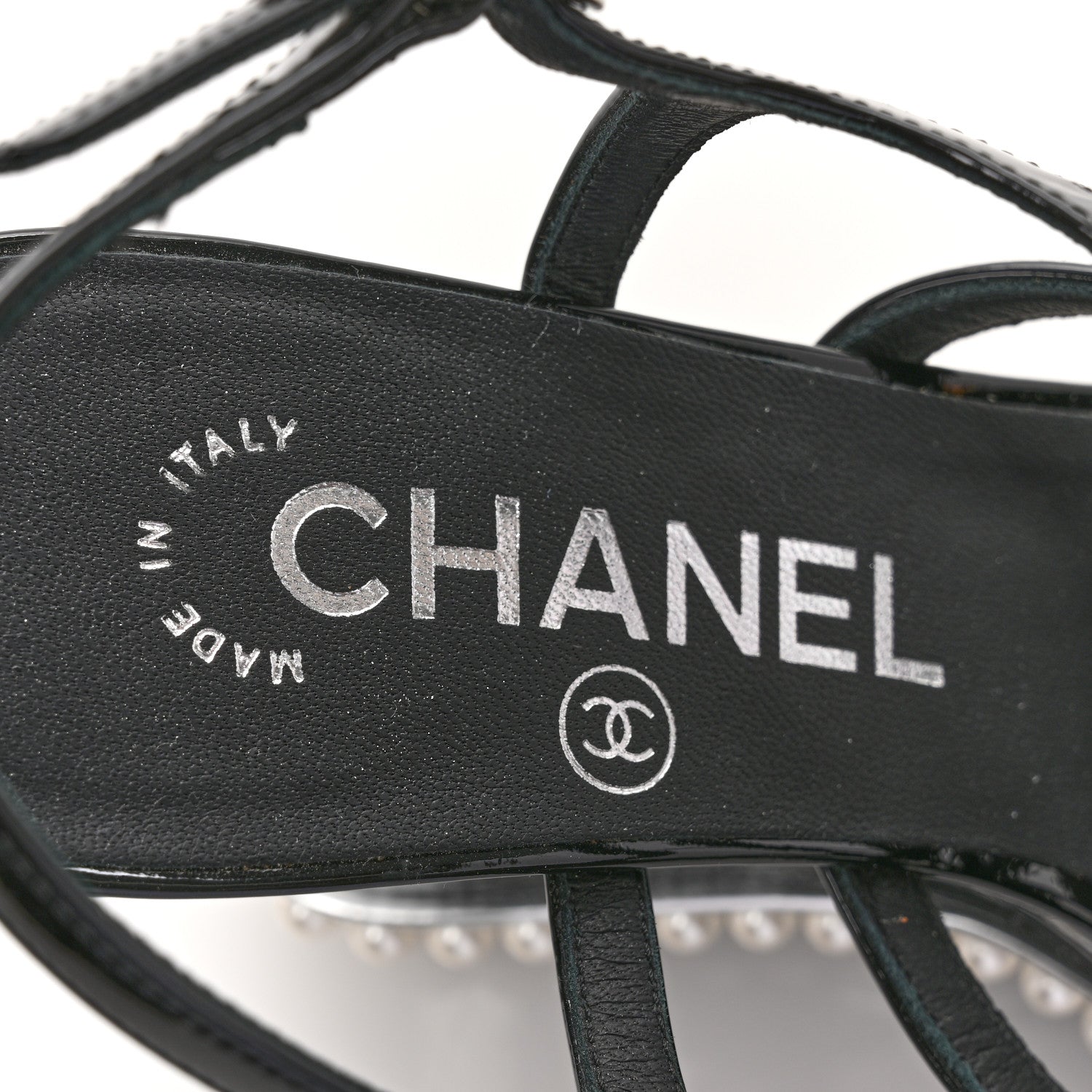 Chanel Patent Pearl CC Wedge Sandals 36.5 Black 7 of 9