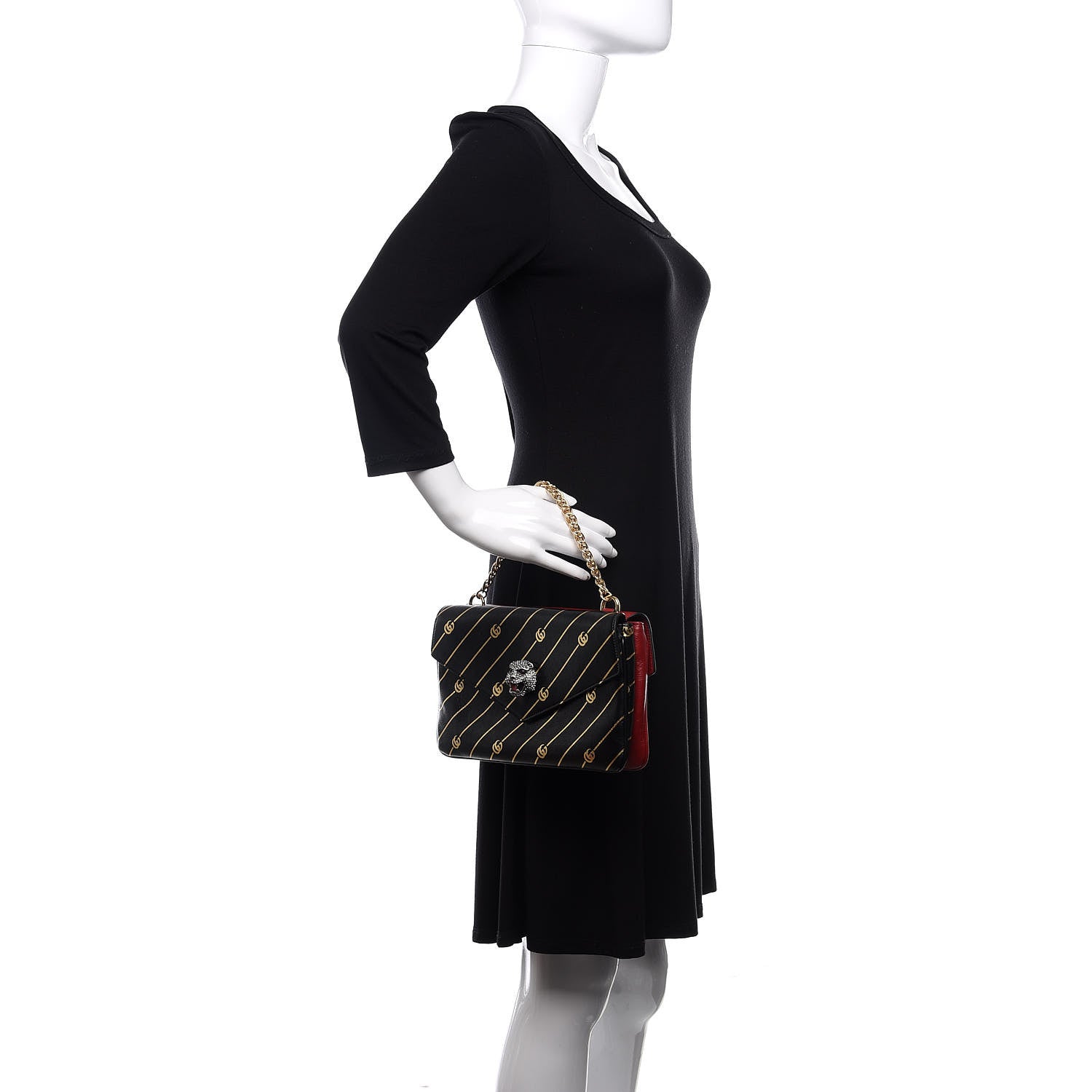 Gucci Calfskin Diagonal GG Medium Thiara Double Envelope Shoulder Bag Black Red 3 of 12
