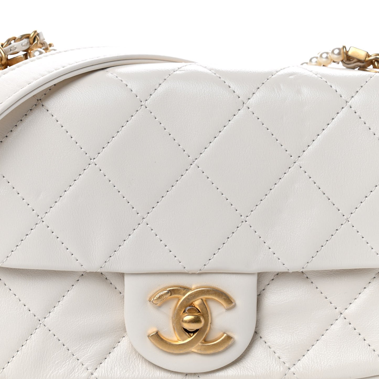 Calfskin Quilted Mini Crystal Pearls Rectangular Flap White