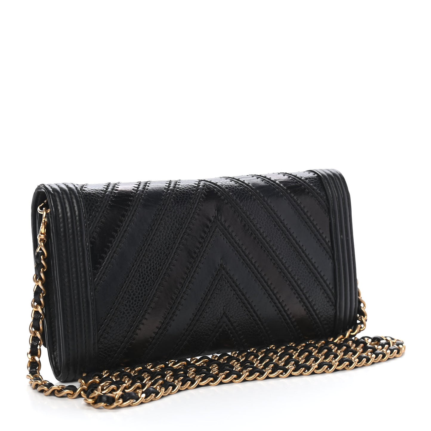 Calfskin Caviar Quilted Chevron Mixed Boy Wallet On Removable Chain Black