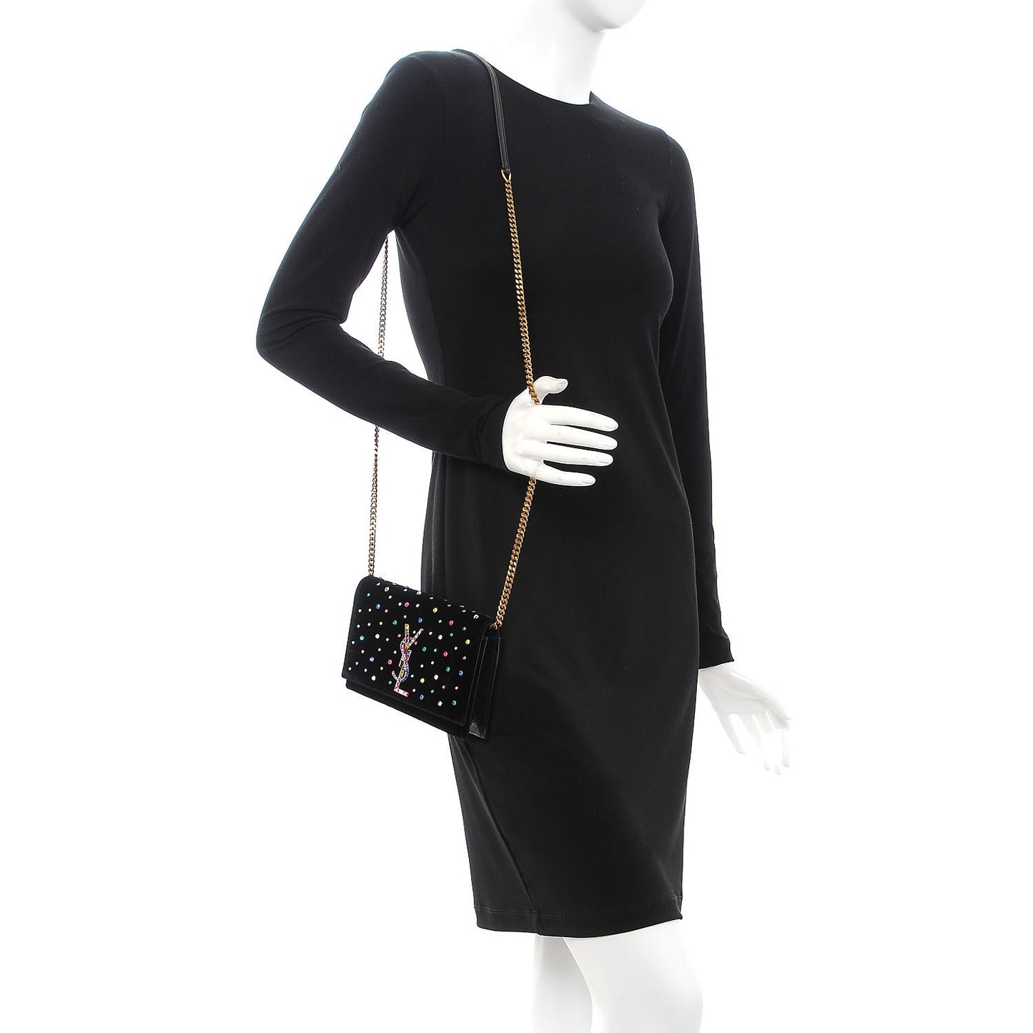 Velvet Crystal Embellished Monogram Kate Chain Wallet Black