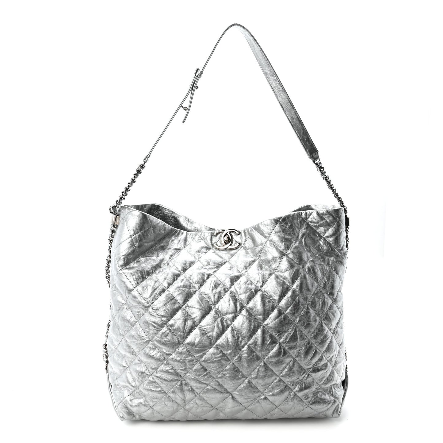 Metallic Crackled Calfskin Quilted Large Big Bang Hobo Silver