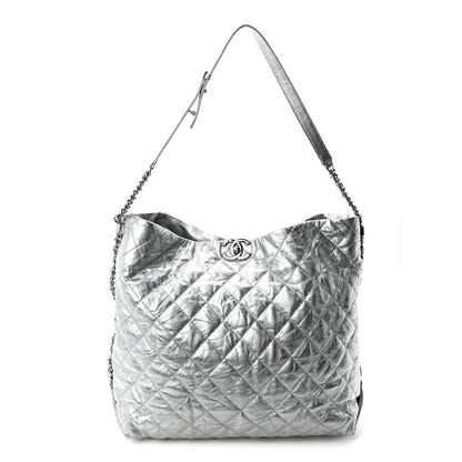 Chanel Metallic Crackled Calfskin Quilted Large Big Bang Hobo Silver 1 of 10