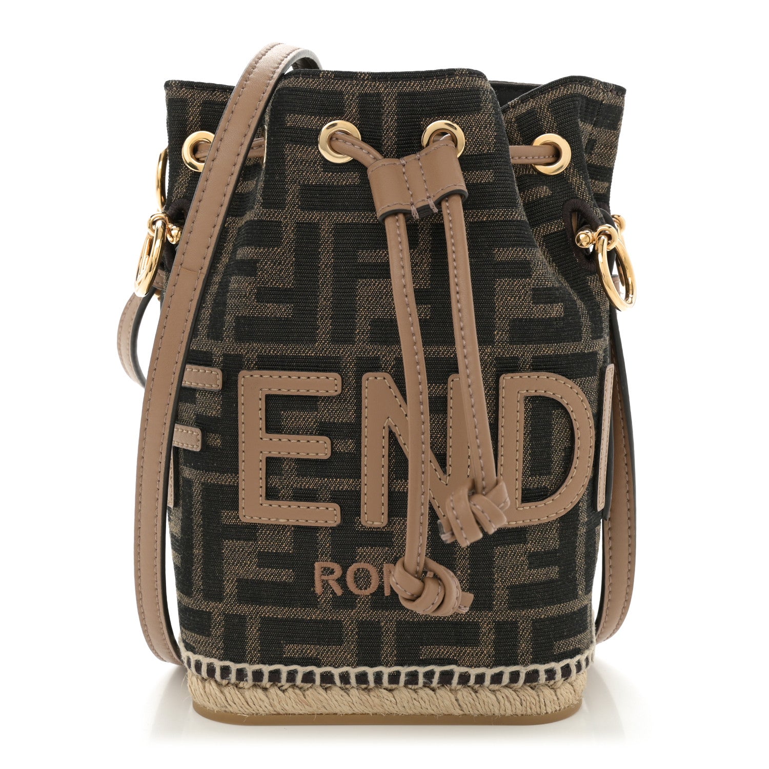 Fendi Fabric Jacquard Vitello Grace Raffia FF 1974 Logo Mini Mon Tresor Bucket Bag Tobacco Moro Sand 1 of 11