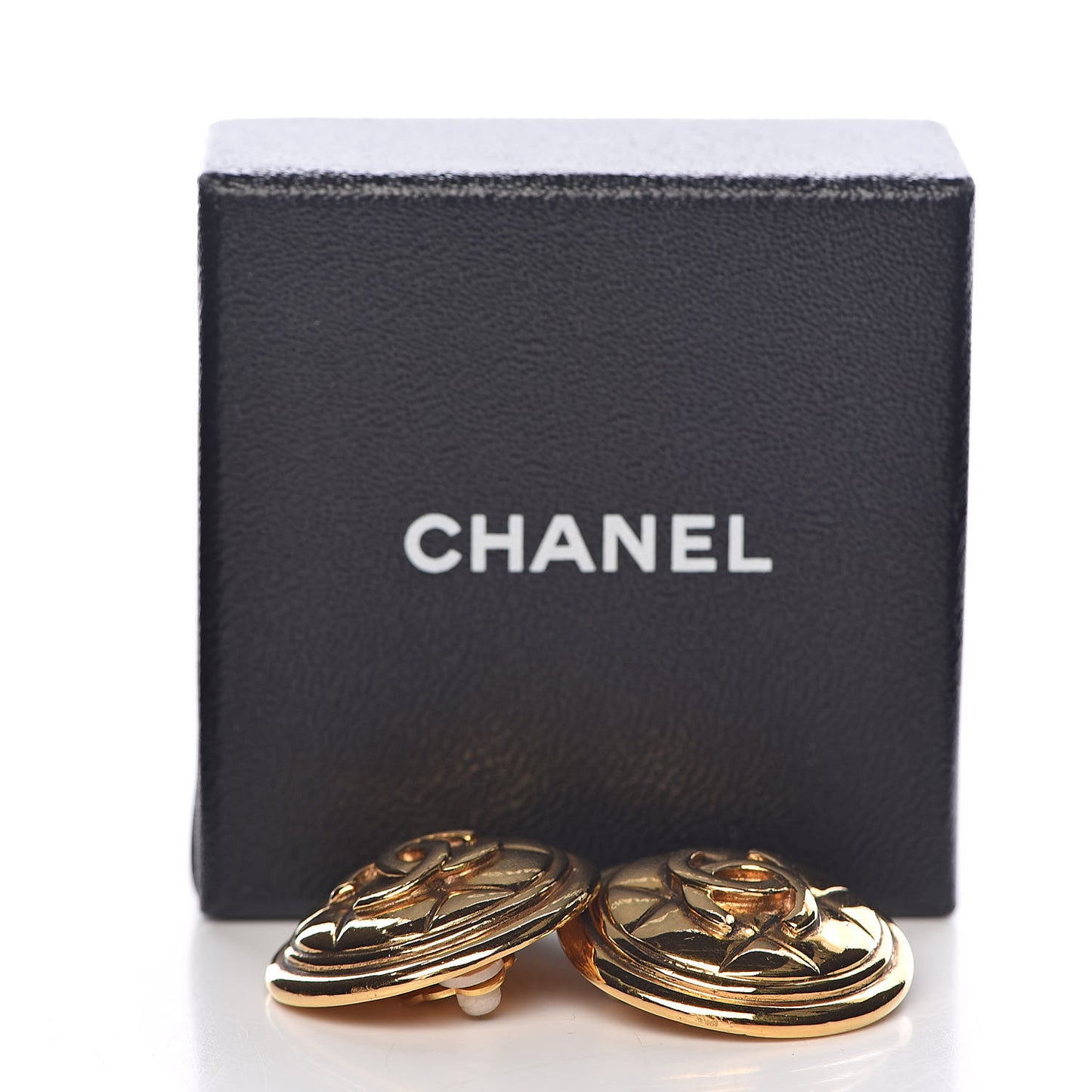 Metal Quilted CC Round Clip On Earrings Gold