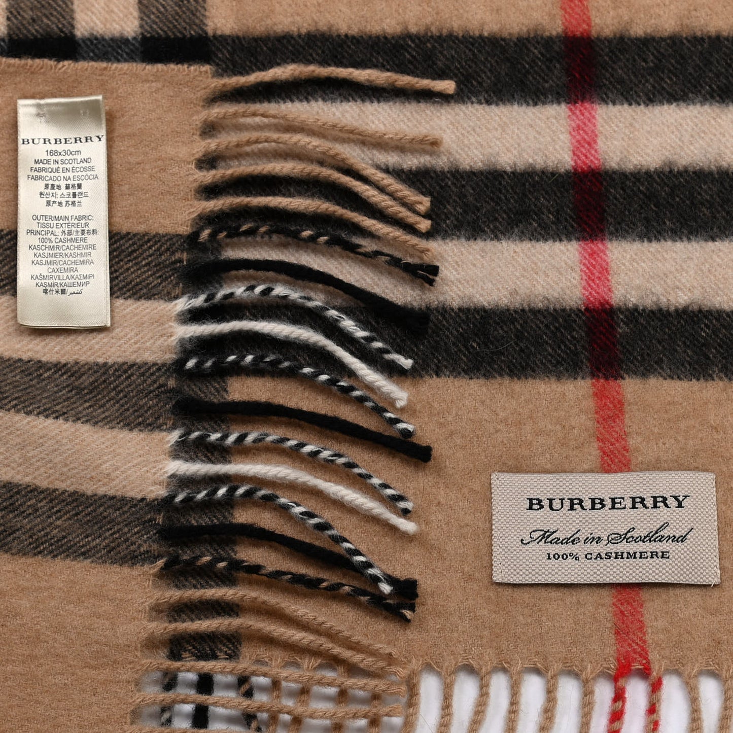 Cashmere Giant Check Fringe Scarf Camel