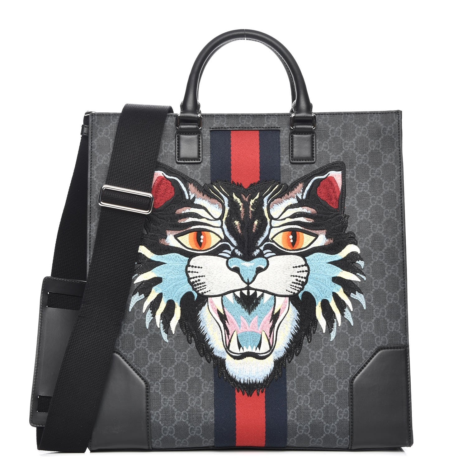 Gucci GG Supreme Monogram Web Angry Cat Embroidered Vertical Tote Black Grey 1 of 8