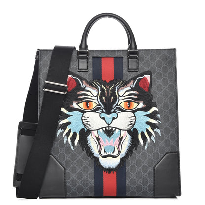 Gucci GG Supreme Monogram Web Angry Cat Embroidered Vertical Tote Black Grey 1 of 8