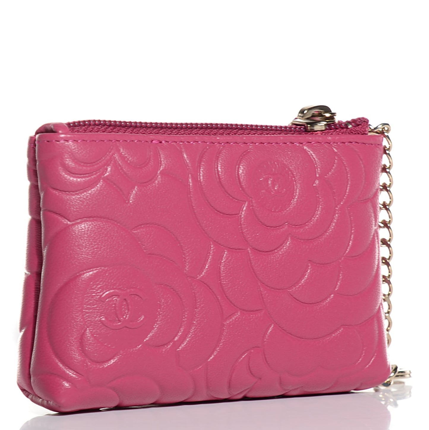 Lambskin Camellia Embossed Key Holder Case Fuchsia