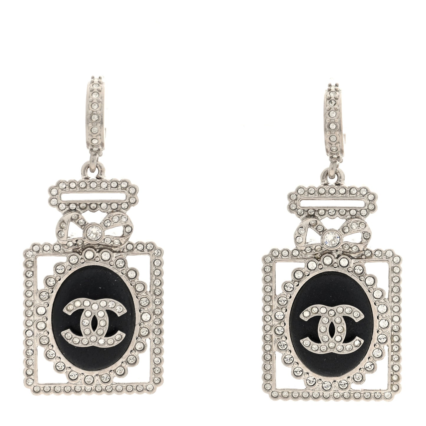 Metal Lambskin Crystal CC Perfume Bottle Drop Earrings Silver Black