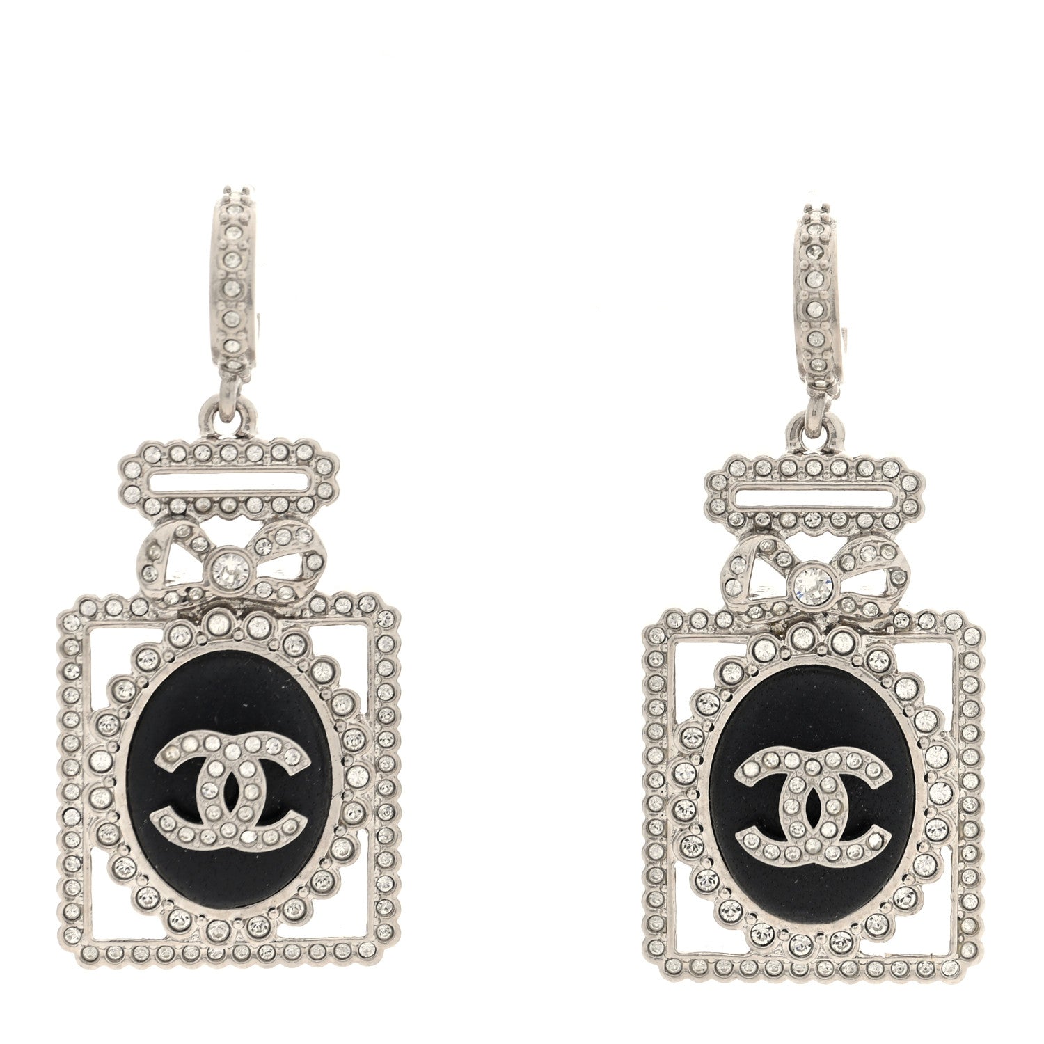 Chanel Metal Lambskin Crystal CC Perfume Bottle Drop Earrings Silver Black 1 of 4