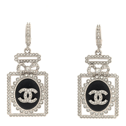 Chanel Metal Lambskin Crystal CC Perfume Bottle Drop Earrings Silver Black 1 of 4