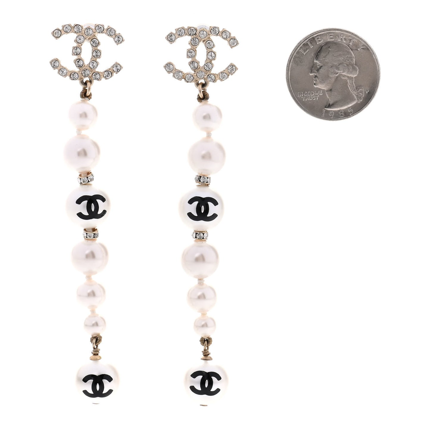 Pearl Crystal Coco's Pearls CC Long Drop Earrings Pearly White Gold Black