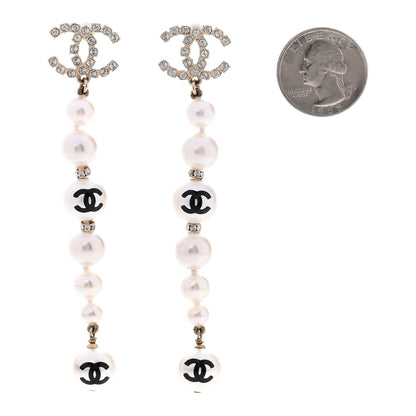 Chanel Pearl Crystal Coco's Pearls CC Long Drop Earrings Pearly White Gold Black 2 of 5