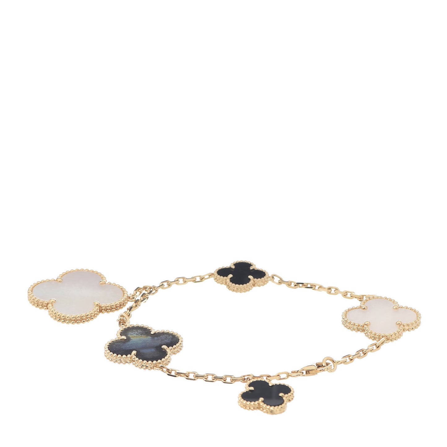 18K Yellow Gold Grey Mother of Pearl Black Onyx 5 Motifs Magic Alhambra Bracelet