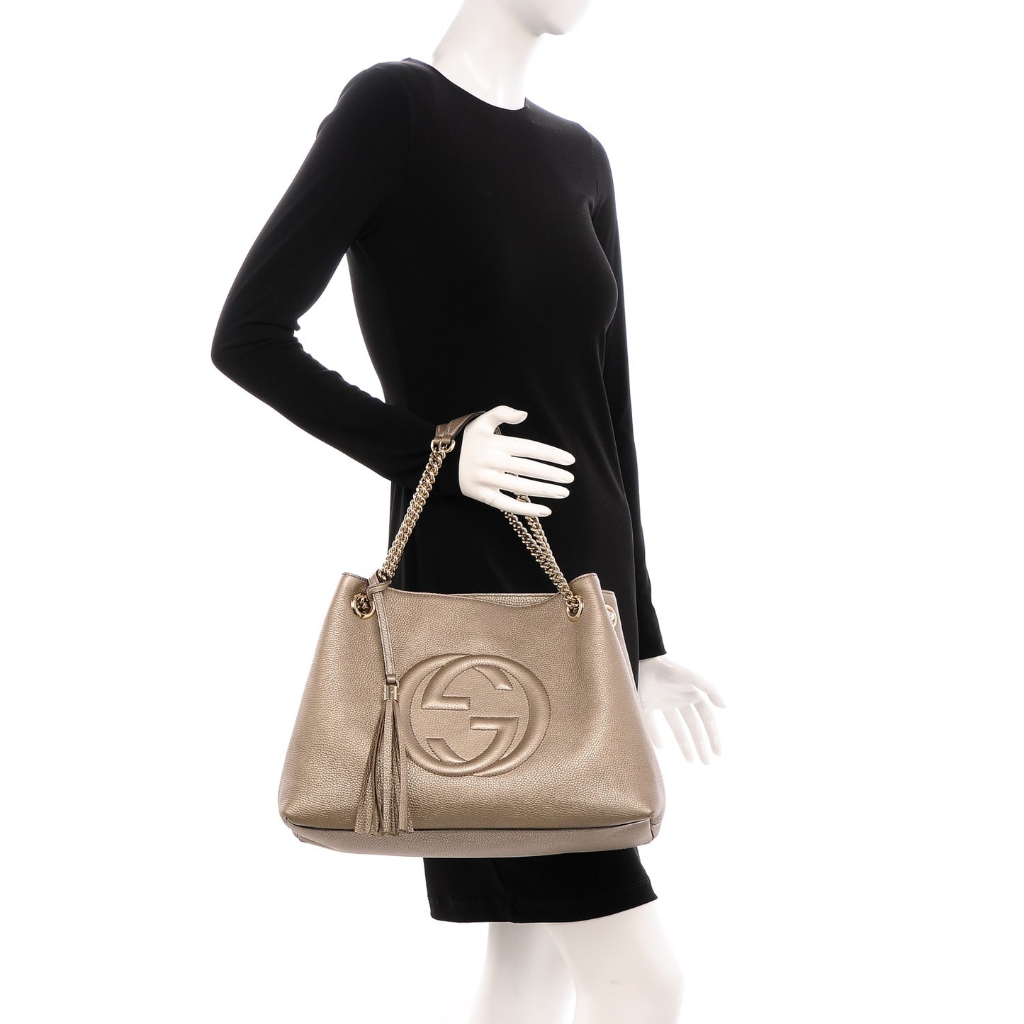 Metallic Pebbled Calfskin Medium Soho Chain Shoulder Bag Golden Beige
