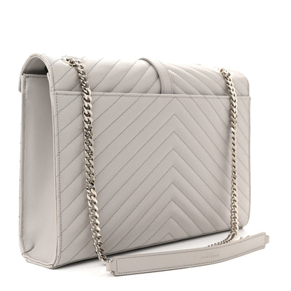 Saint Laurent Grain De Poudre Matelasse Chevron Large Monogram Satchel Light Grey 3 of 13