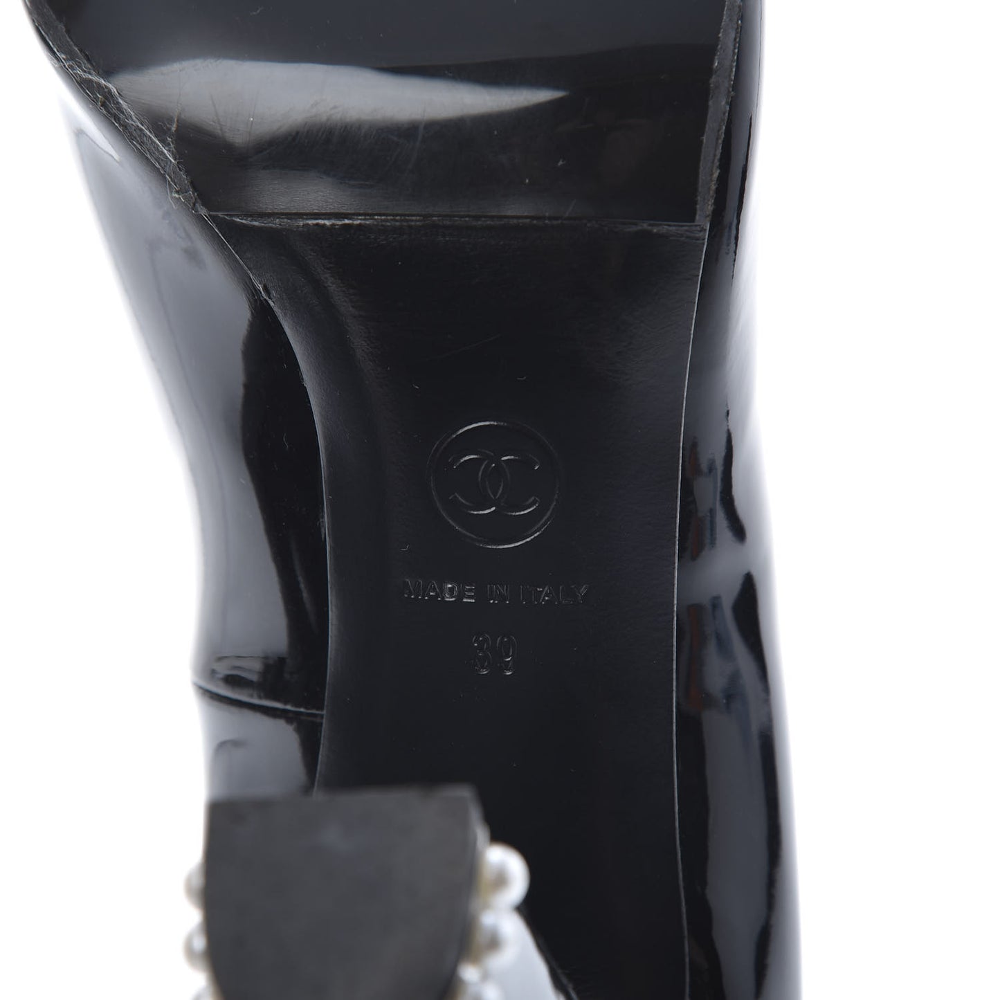 Patent Calfskin Pearl CC Open Toe Pumps 39 Black