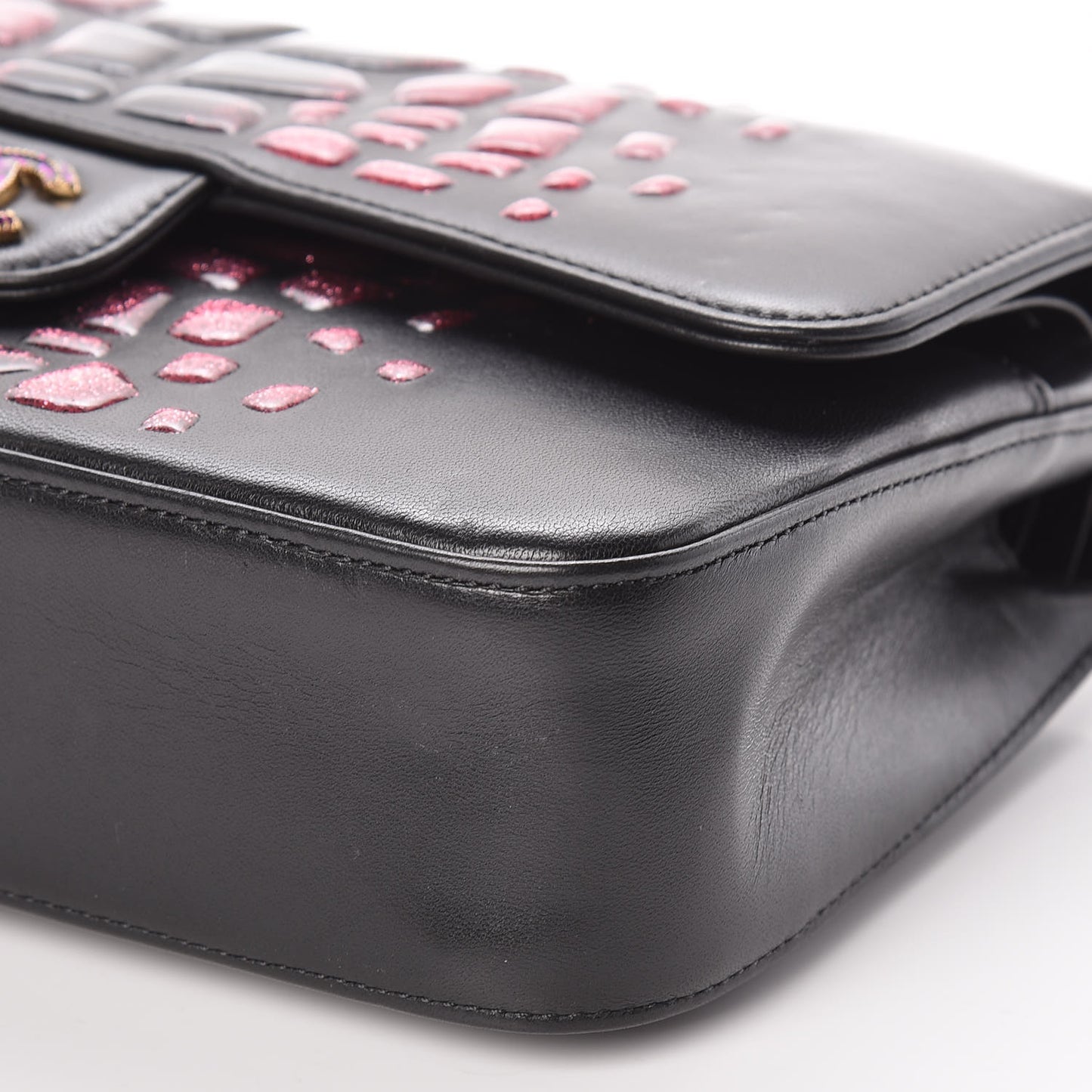 Lambskin Resin Glitter Medium Double Flap Black Pink