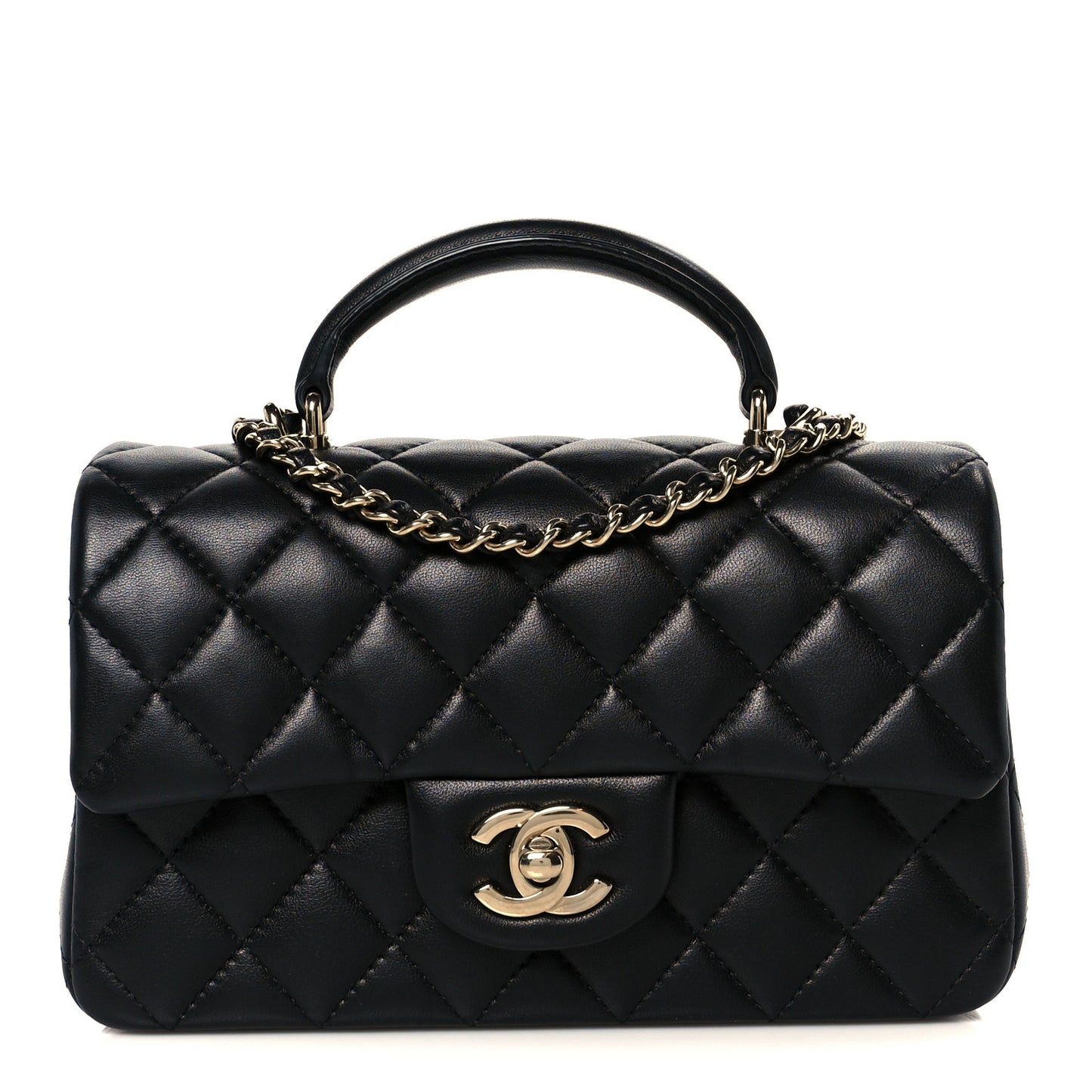 Lambskin Quilted Mini Top Handle Rectangular Flap Black