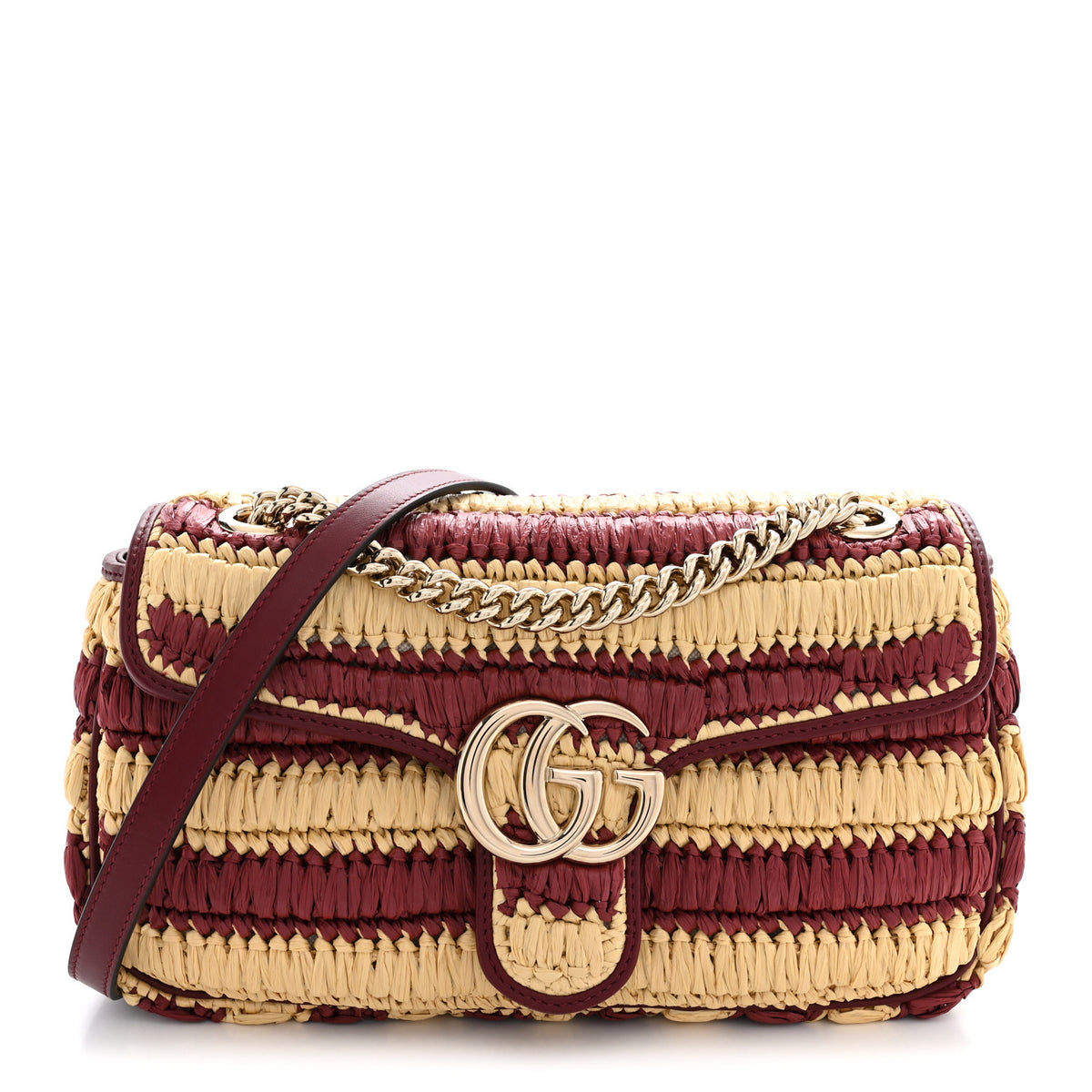 Calfskin Raffia Woven Striped Small GG Marmont Shoulder Bag Natural Burgundy